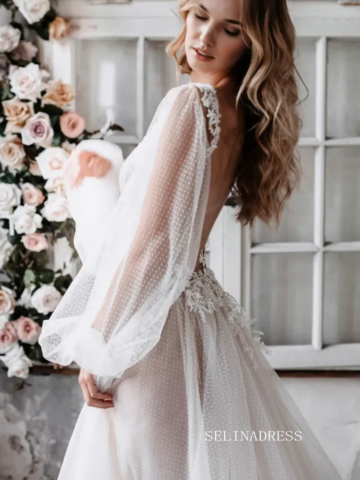 A-Line V-Neck Appliques Lace Long Puff Sleeve Backless Dot Gown Tulle Wedding Dress Sexy Bridal Gown ASK002