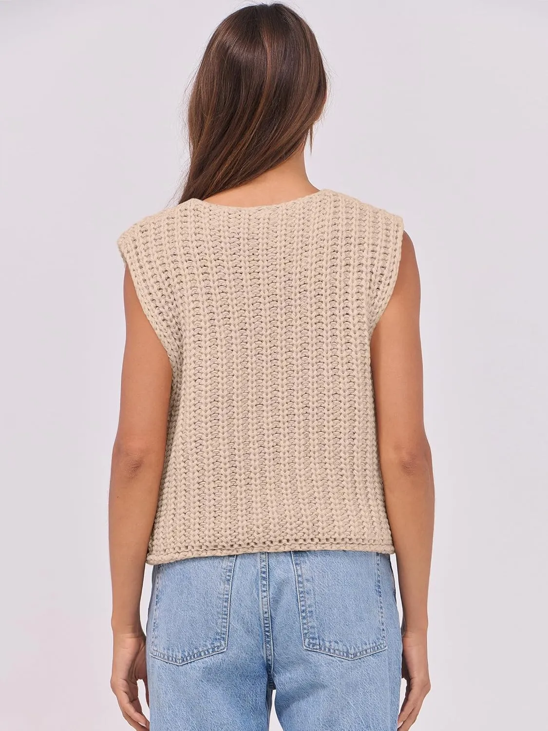 ANRABESS Women Chunky Knit Sweater Vest Button Down Casual Sleeveless Cardigan with Pockets Spring Trendy Outfits 2025