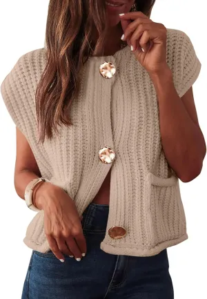 ANRABESS Women Chunky Knit Sweater Vest Button Down Casual Sleeveless Cardigan with Pockets Spring Trendy Outfits 2025