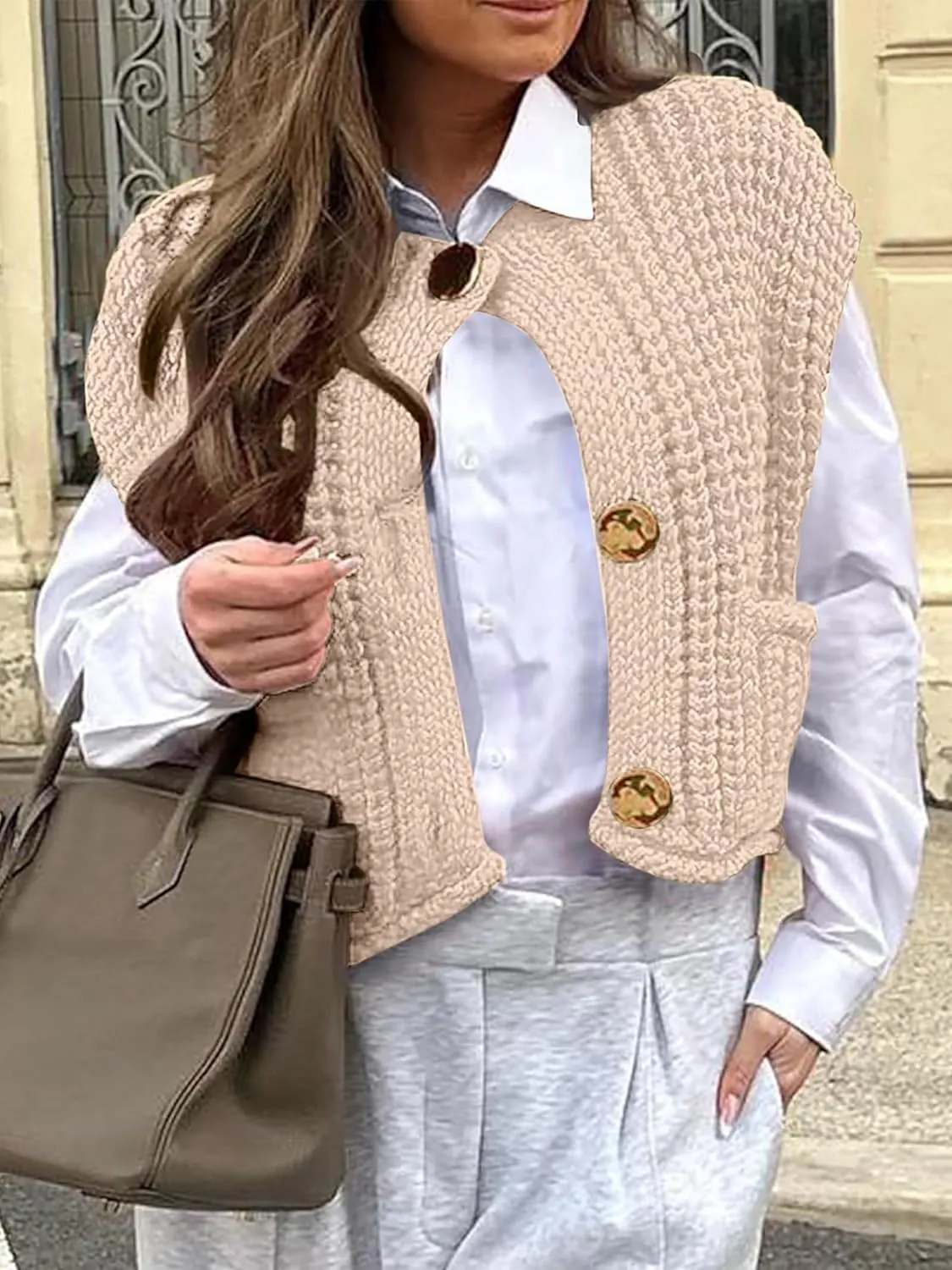 ANRABESS Women Chunky Knit Sweater Vest Button Down Casual Sleeveless Cardigan with Pockets Spring Trendy Outfits 2025