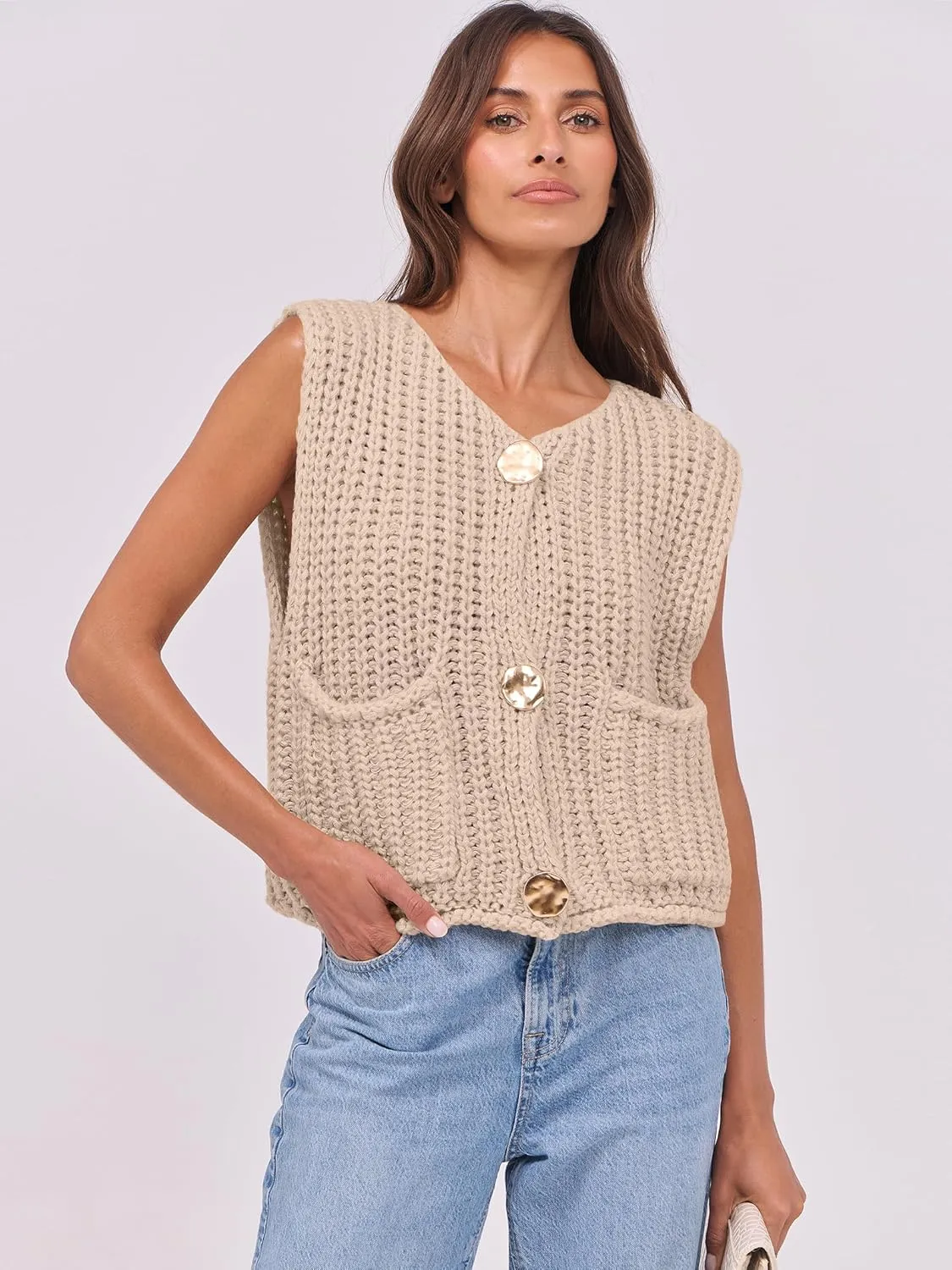 ANRABESS Women Chunky Knit Sweater Vest Button Down Casual Sleeveless Cardigan with Pockets Spring Trendy Outfits 2025