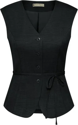 Belle Poque Women's Suit Vest Tops Business Casual V-Neck Vest Vintage Sleeveless Button Down Waist Tie Waistcoat Trendy