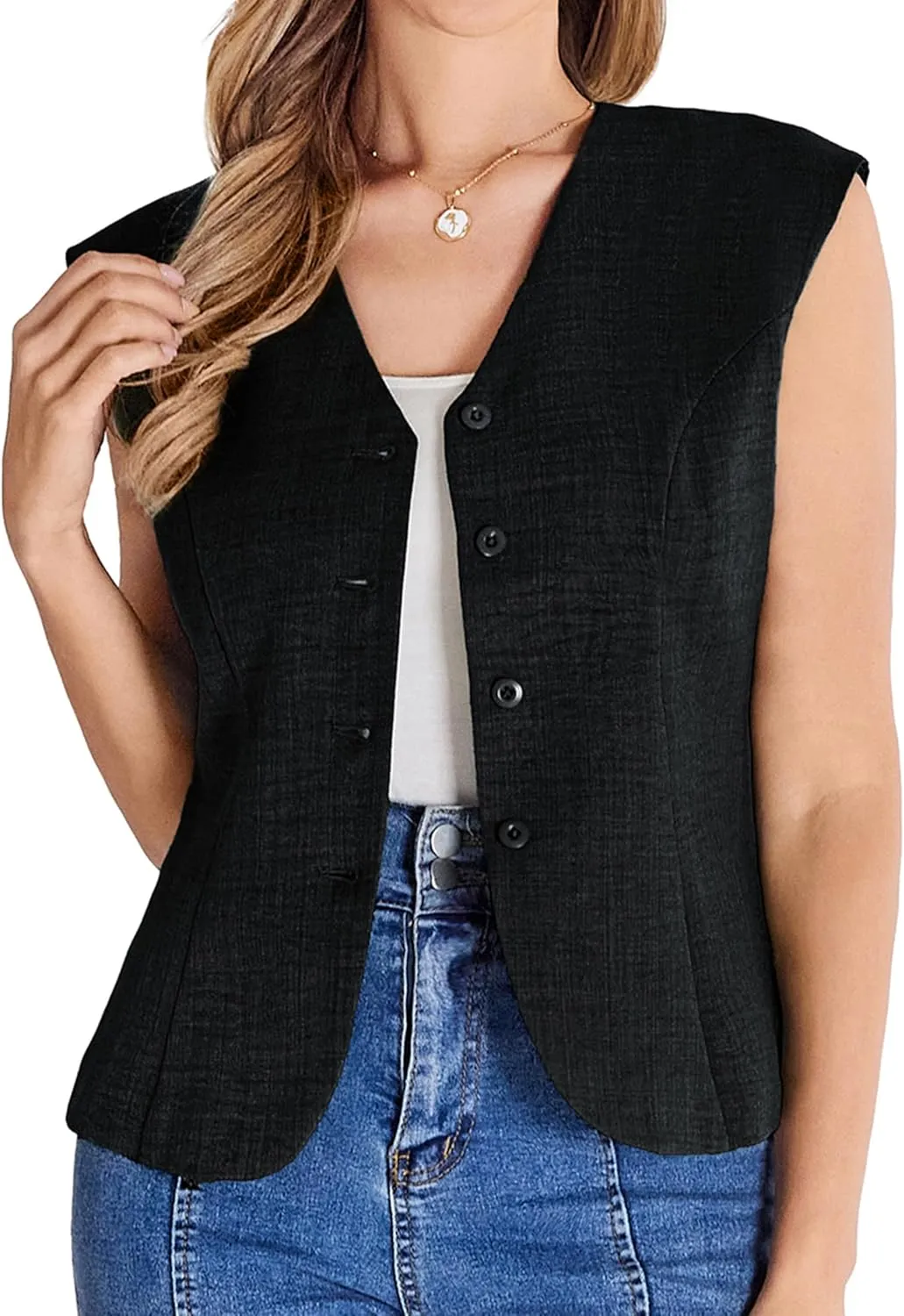 Belle Poque Women's Suit Vest Tops Business Casual V-Neck Vest Vintage Sleeveless Button Down Waist Tie Waistcoat Trendy