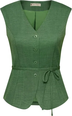 Belle Poque Women's Suit Vest Tops Business Casual V-Neck Vest Vintage Sleeveless Button Down Waist Tie Waistcoat Trendy