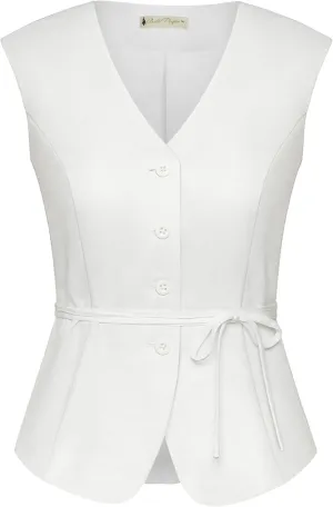 Belle Poque Women's Suit Vest Tops Business Casual V-Neck Vest Vintage Sleeveless Button Down Waist Tie Waistcoat Trendy