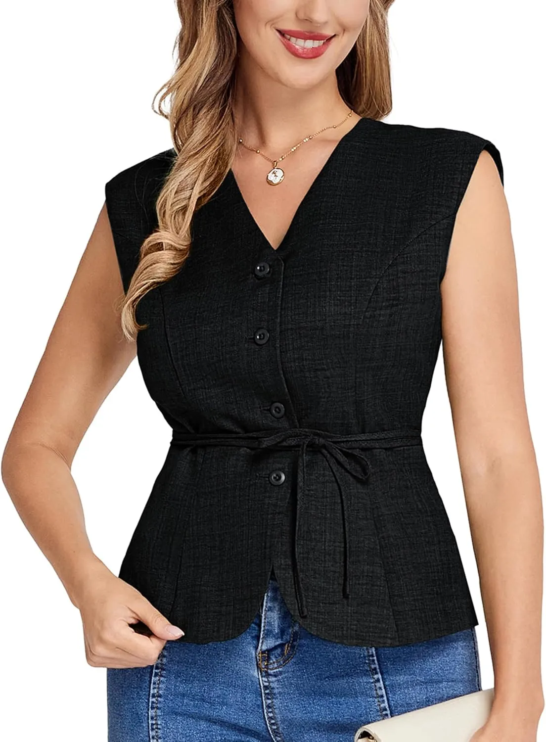 Belle Poque Women's Suit Vest Tops Business Casual V-Neck Vest Vintage Sleeveless Button Down Waist Tie Waistcoat Trendy