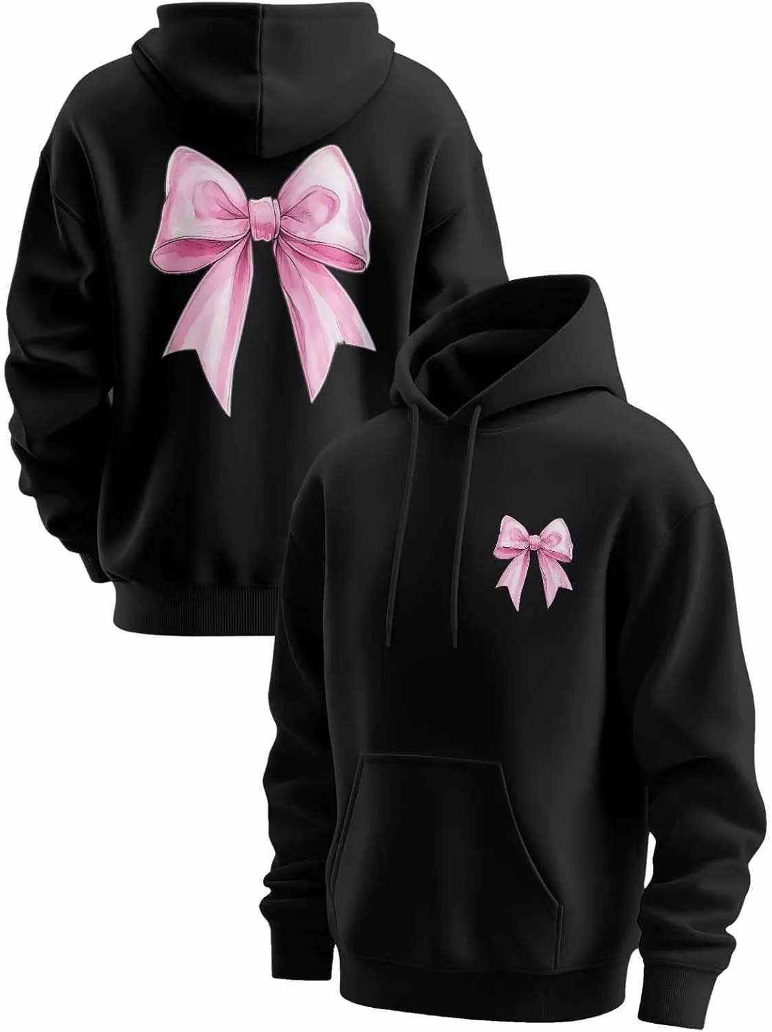 BEMIGO Hooded Sweatshirt Women Pink Bow Cozy Black/White Sweatshirt with Oversized Front Pocket Girls Printed Trendy Tops