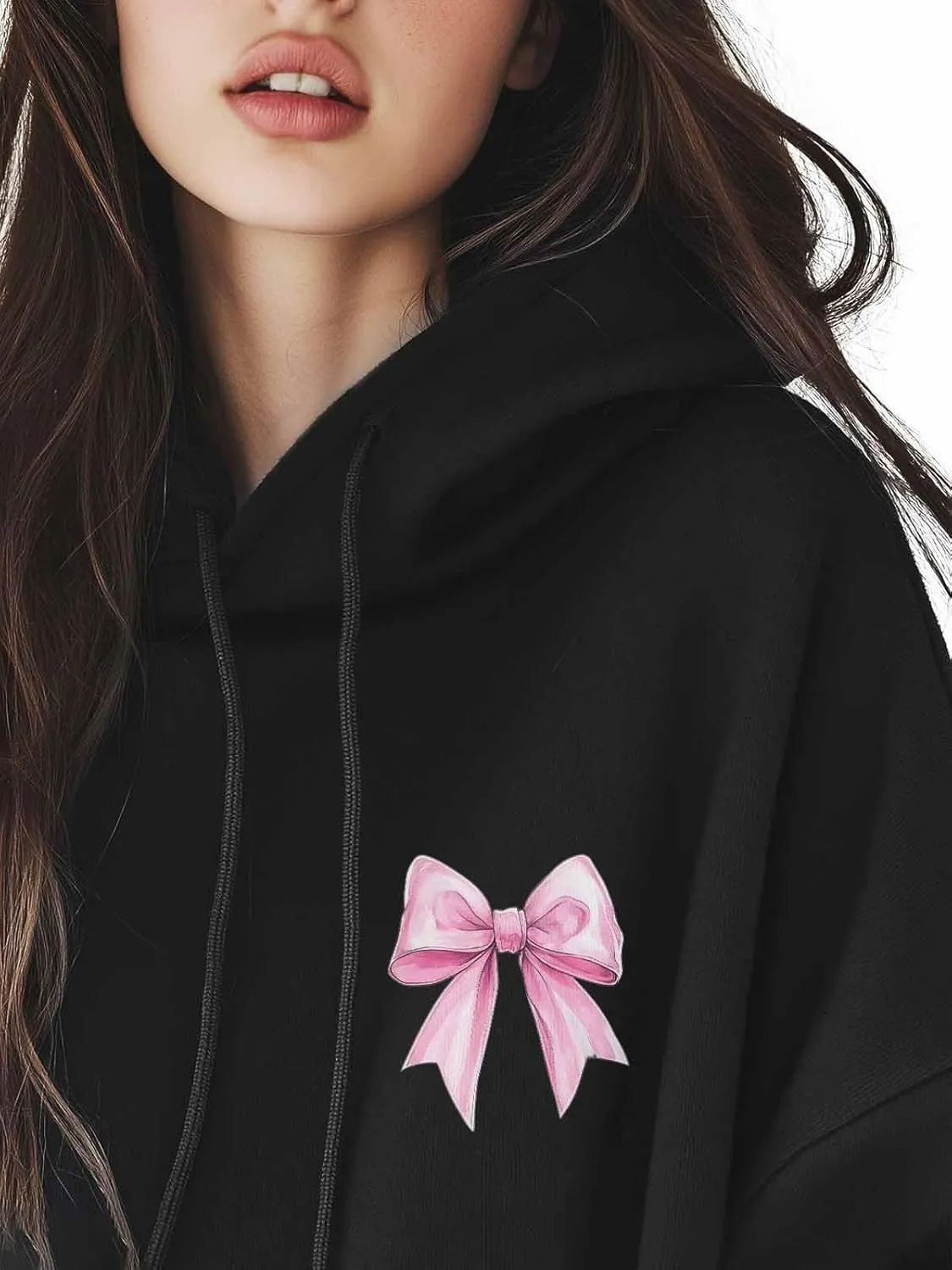 BEMIGO Hooded Sweatshirt Women Pink Bow Cozy Black/White Sweatshirt with Oversized Front Pocket Girls Printed Trendy Tops