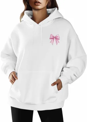 BEMIGO Hooded Sweatshirt Women Pink Bow Cozy Black/White Sweatshirt with Oversized Front Pocket Girls Printed Trendy Tops
