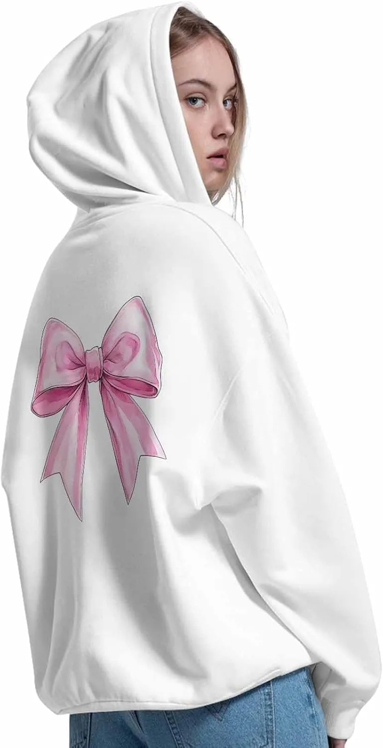 BEMIGO Hooded Sweatshirt Women Pink Bow Cozy Black/White Sweatshirt with Oversized Front Pocket Girls Printed Trendy Tops