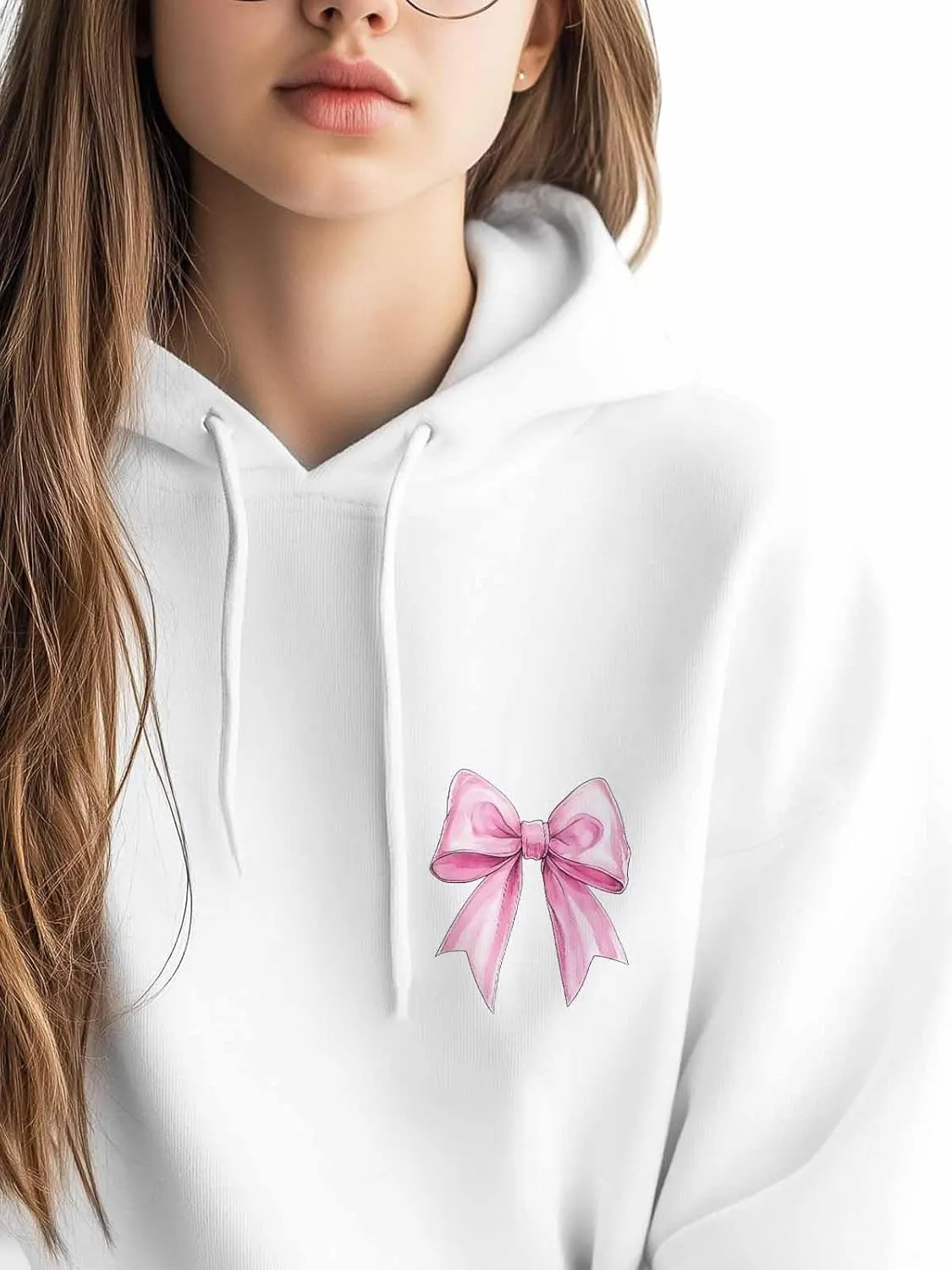 BEMIGO Hooded Sweatshirt Women Pink Bow Cozy Black/White Sweatshirt with Oversized Front Pocket Girls Printed Trendy Tops