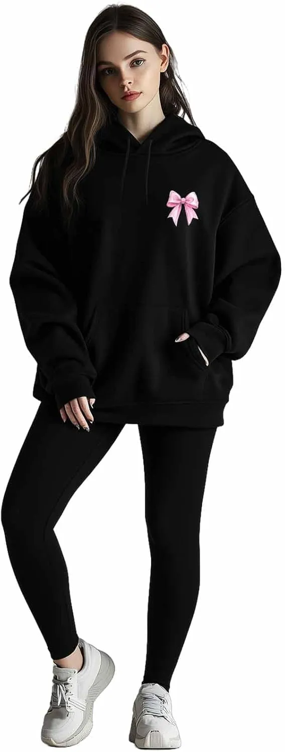 BEMIGO Hooded Sweatshirt Women Pink Bow Cozy Black/White Sweatshirt with Oversized Front Pocket Girls Printed Trendy Tops
