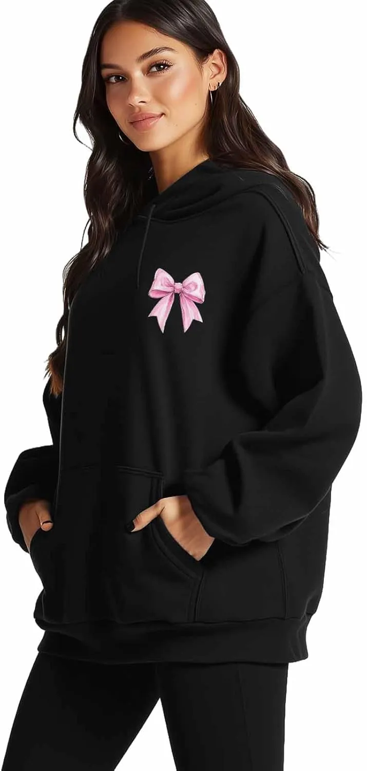 BEMIGO Hooded Sweatshirt Women Pink Bow Cozy Black/White Sweatshirt with Oversized Front Pocket Girls Printed Trendy Tops