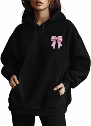 BEMIGO Hooded Sweatshirt Women Pink Bow Cozy Black/White Sweatshirt with Oversized Front Pocket Girls Printed Trendy Tops
