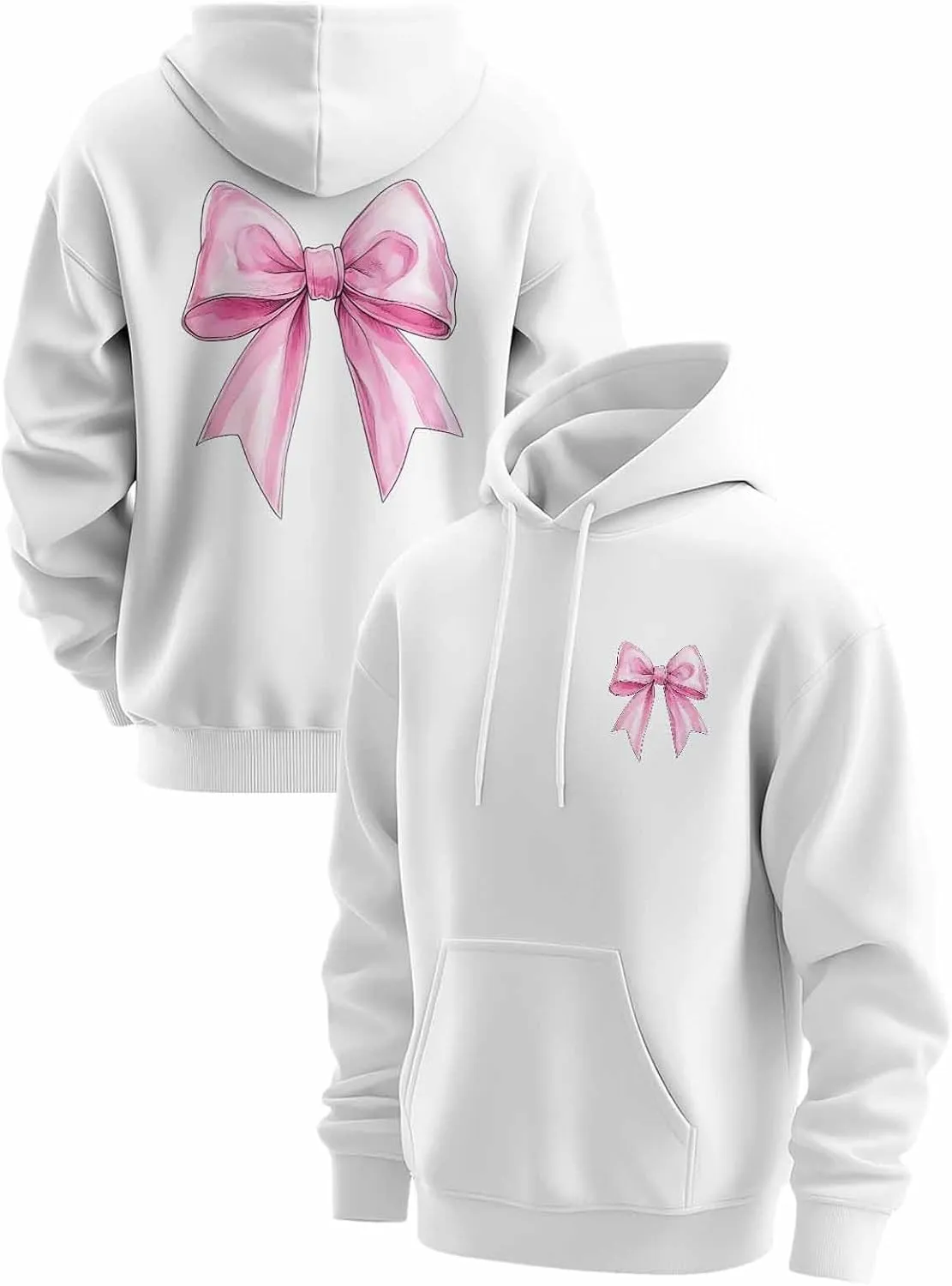 BEMIGO Hooded Sweatshirt Women Pink Bow Cozy Black/White Sweatshirt with Oversized Front Pocket Girls Printed Trendy Tops