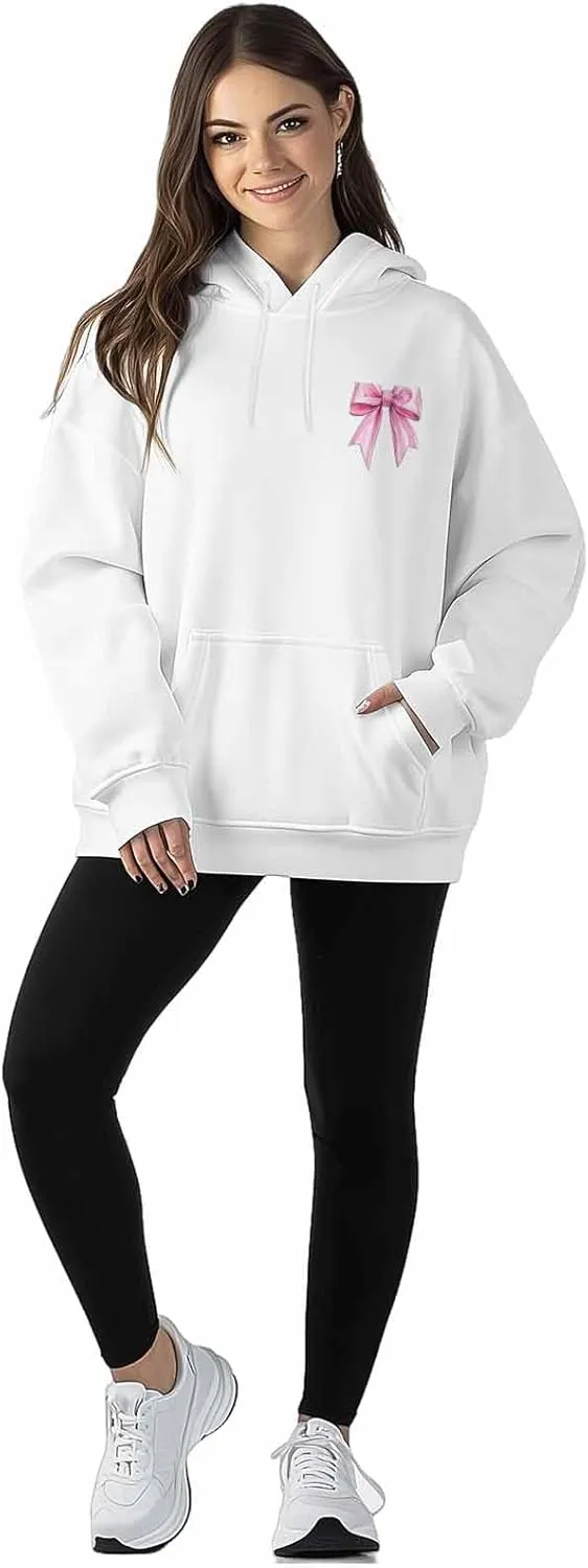 BEMIGO Hooded Sweatshirt Women Pink Bow Cozy Black/White Sweatshirt with Oversized Front Pocket Girls Printed Trendy Tops