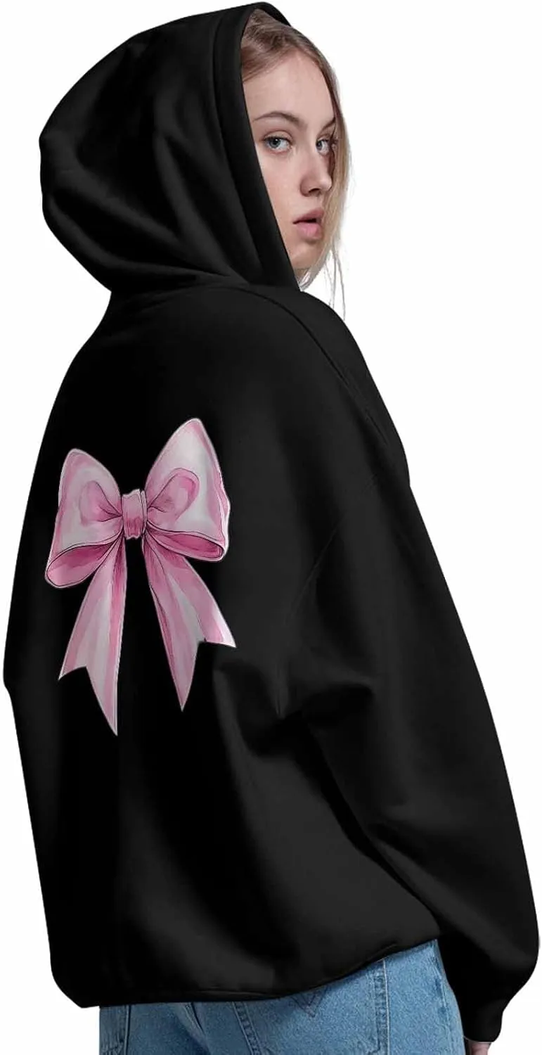 BEMIGO Hooded Sweatshirt Women Pink Bow Cozy Black/White Sweatshirt with Oversized Front Pocket Girls Printed Trendy Tops