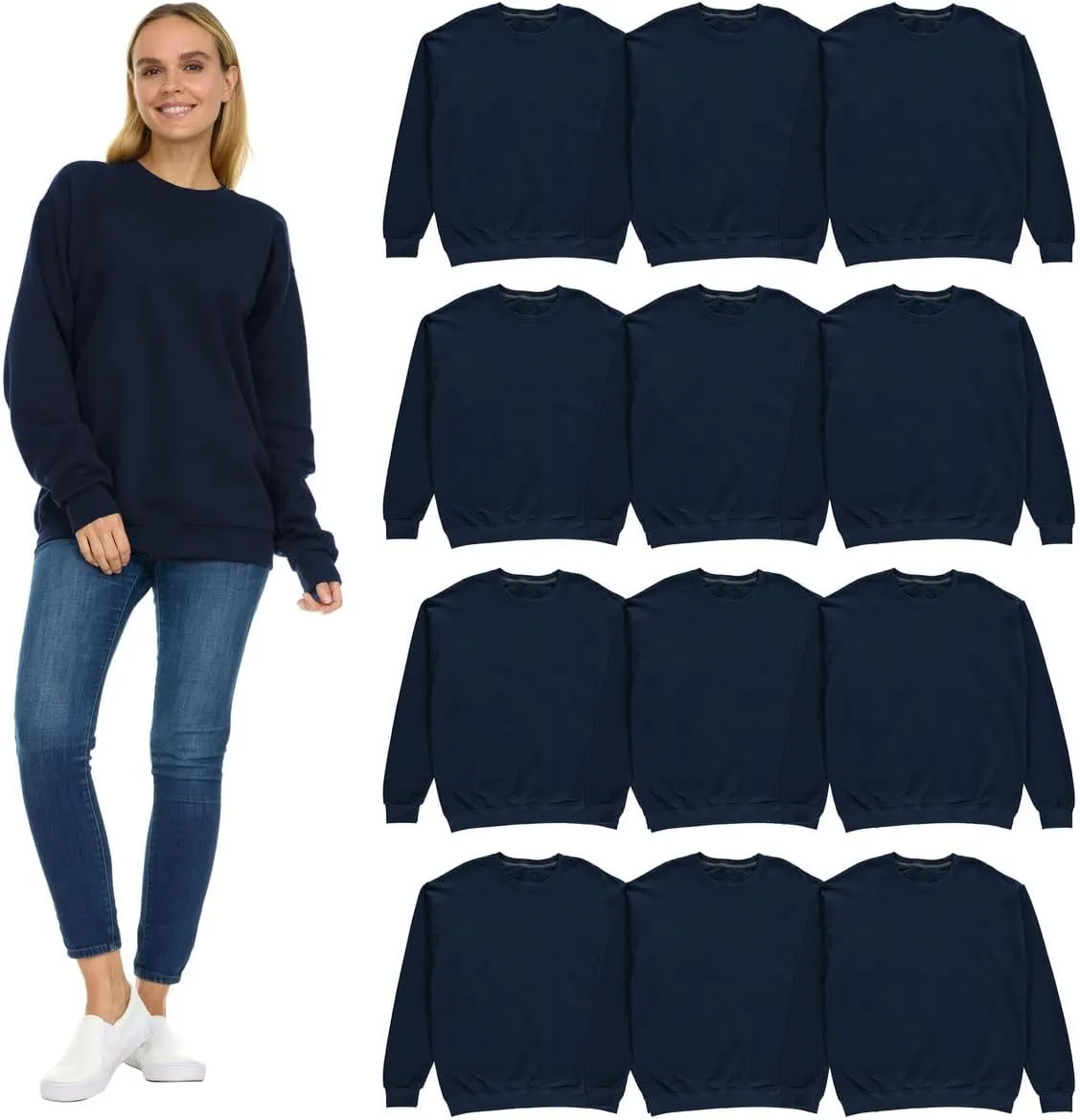 BILLIONHATS 12 Pack Womens Oversized Crew Neck Sweatshirt, Fleece Lined, Bulk Wholesale Sweatshirts for Charities & Events
