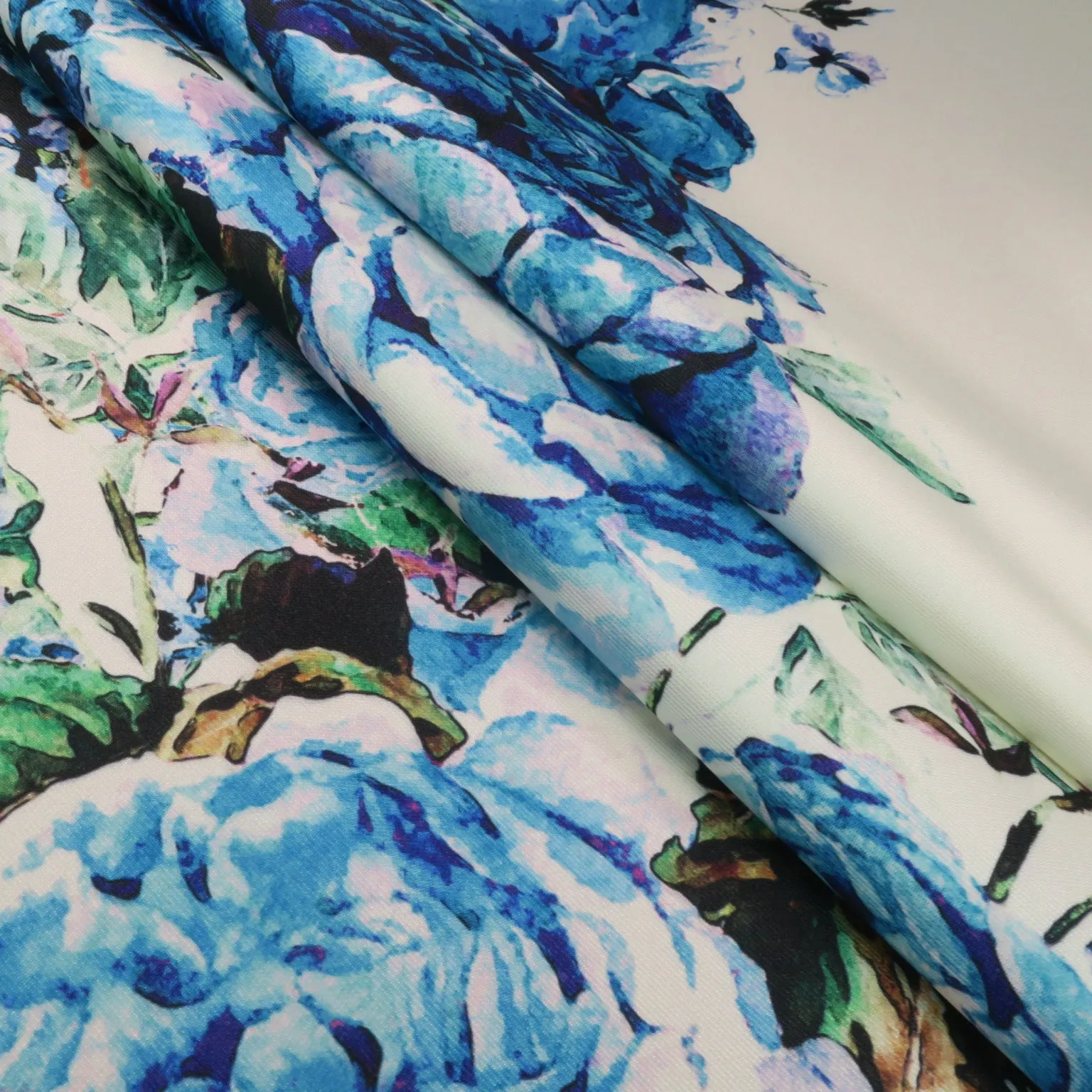 Blue Floral on White Printed Polyester Mikado Fabric