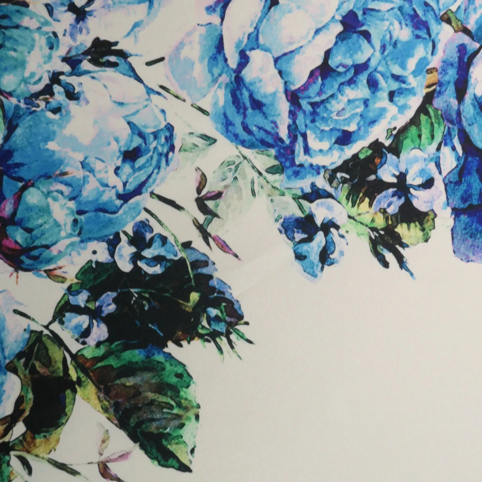 Blue Floral on White Printed Polyester Mikado Fabric