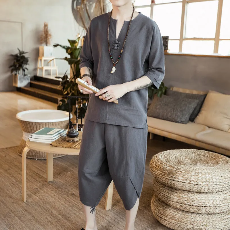 Breathable Linen Home Sets Summer Tops Drawstring Shorts