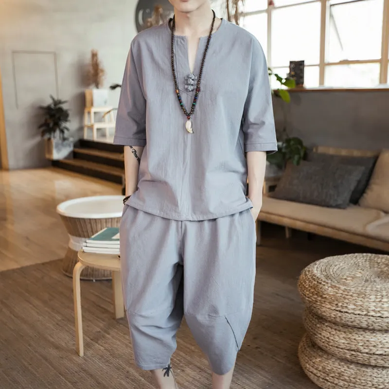 Breathable Linen Home Sets Summer Tops Drawstring Shorts