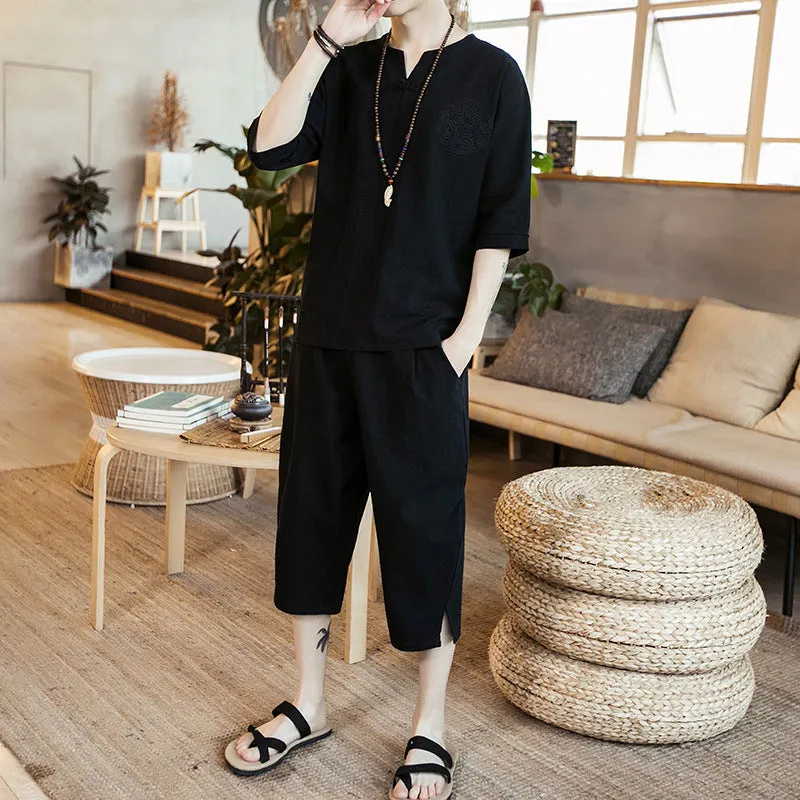 Breathable Linen Home Sets Summer Tops Drawstring Shorts