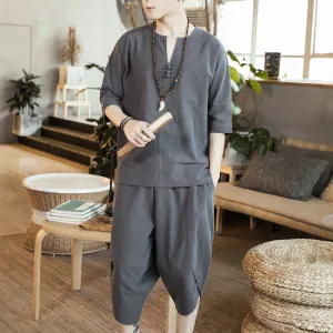 Breathable Linen Home Sets Summer Tops Drawstring Shorts