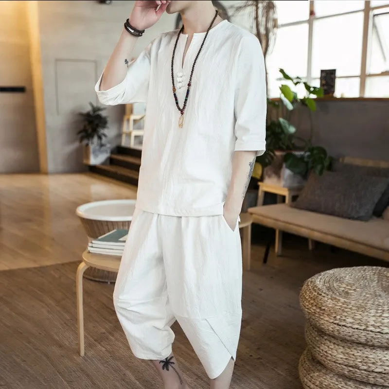 Breathable Linen Home Sets Summer Tops Drawstring Shorts