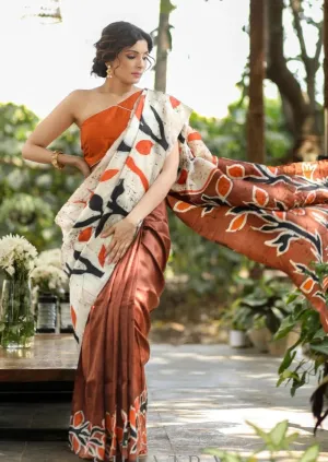 BROWN & OFF-WHITE COMBINATION HAND BATIK PURE SILK SAREE