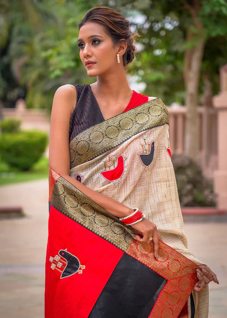 CHECKED ZARI BORDER SEMI-SILK SAREE WITH APPLIC HAND EMBROIDERY