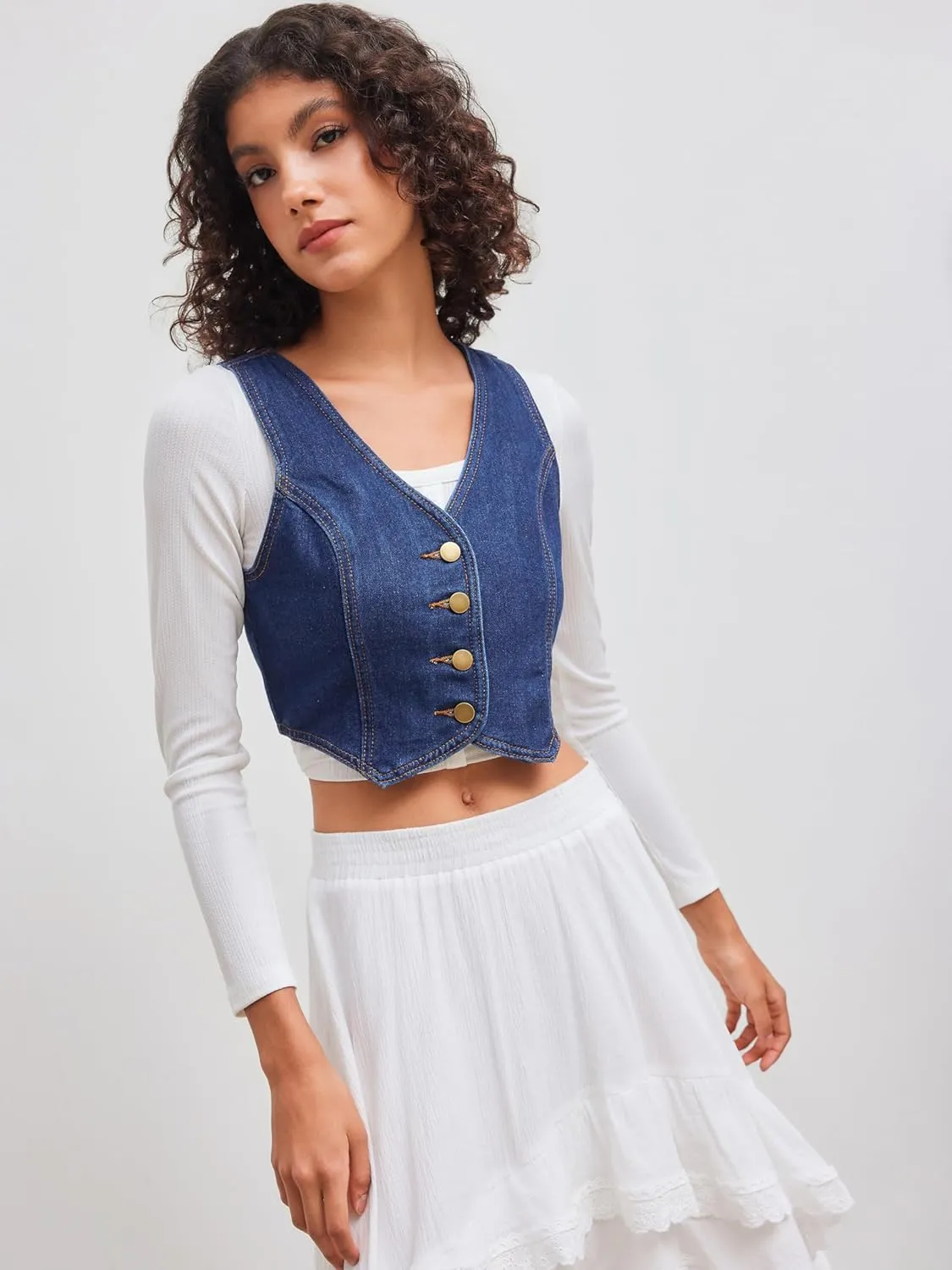 CIDER Women's Denim Vest V Neck Sleeveless Crop Vest Button Down Casual Tops Trendy
