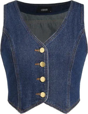 CIDER Women's Denim Vest V Neck Sleeveless Crop Vest Button Down Casual Tops Trendy