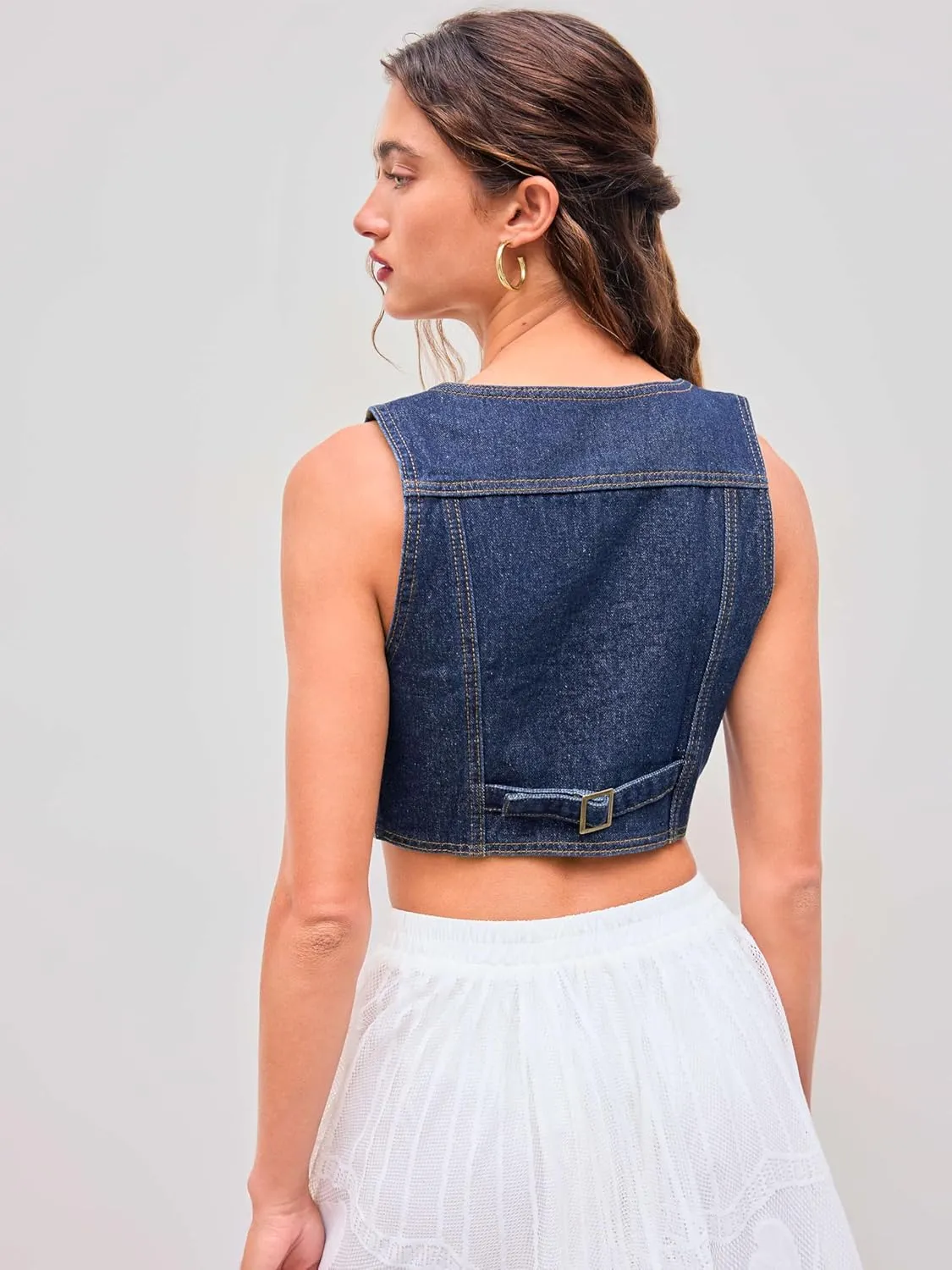 CIDER Women's Denim Vest V Neck Sleeveless Crop Vest Button Down Casual Tops Trendy