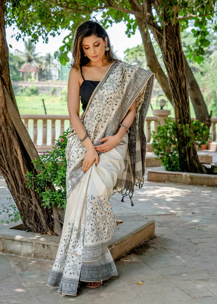 CLASSIC SEMI SILK HEAVY EMBROIDERED OFF WHITE SAREE