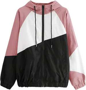 Color Block Drawstring Hoodies for Women Zip Up Sport Lightweight Jacket Fall Windproof Windbreaker with Pockets