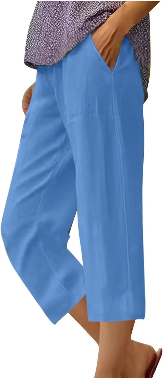 Cotton Linen Capris Trousers Women Elasticated Waist Cropped Pants Summer Pant Plain Breathable Loose Fit Capri Trouser