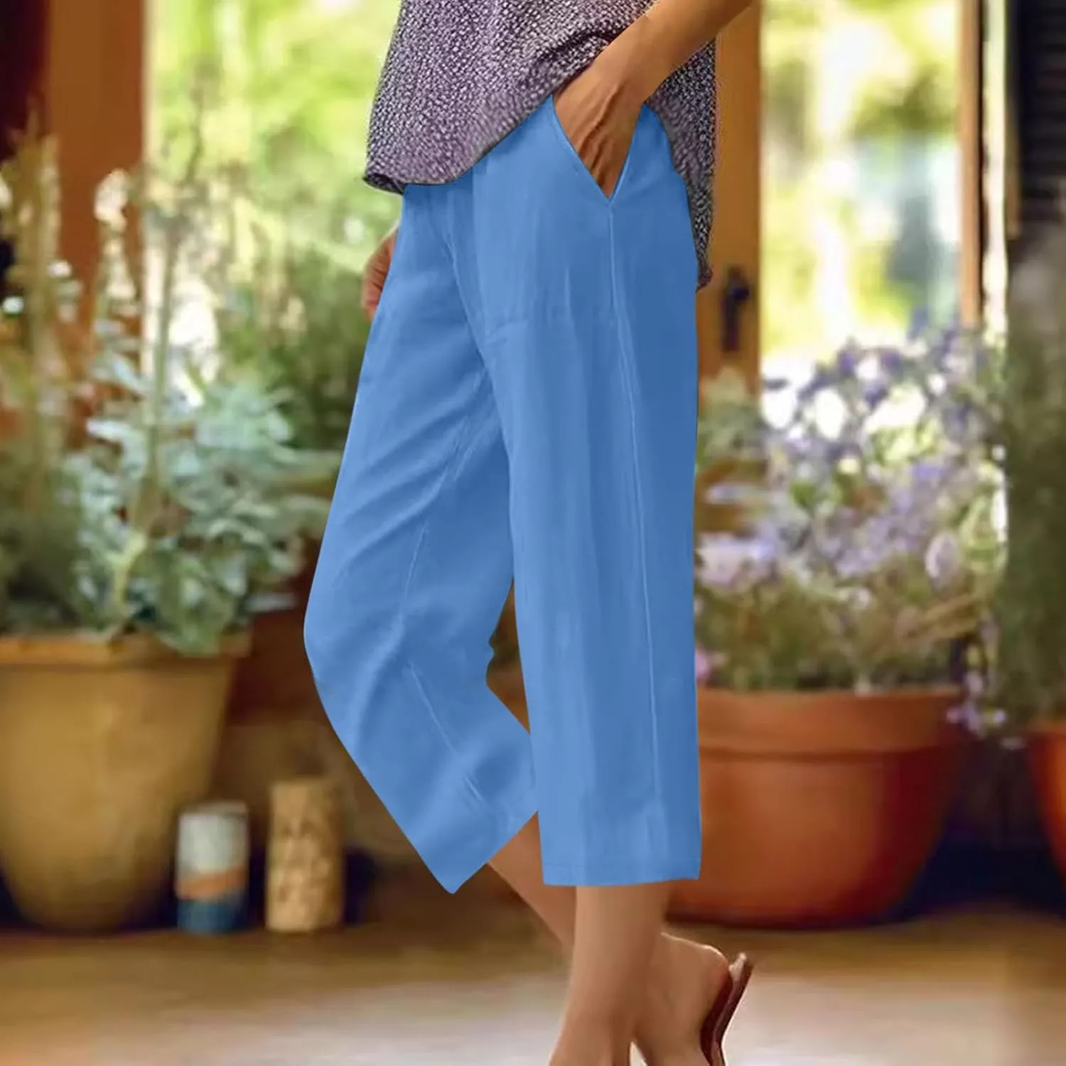 Cotton Linen Capris Trousers Women Elasticated Waist Cropped Pants Summer Pant Plain Breathable Loose Fit Capri Trouser
