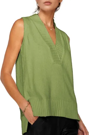 Daacee Women's V Neck Sweater Vest Casual Summer Loose Side Slit Sleeveless Pullover Knit Tank Tops