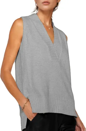 Daacee Women's V Neck Sweater Vest Casual Summer Loose Side Slit Sleeveless Pullover Knit Tank Tops