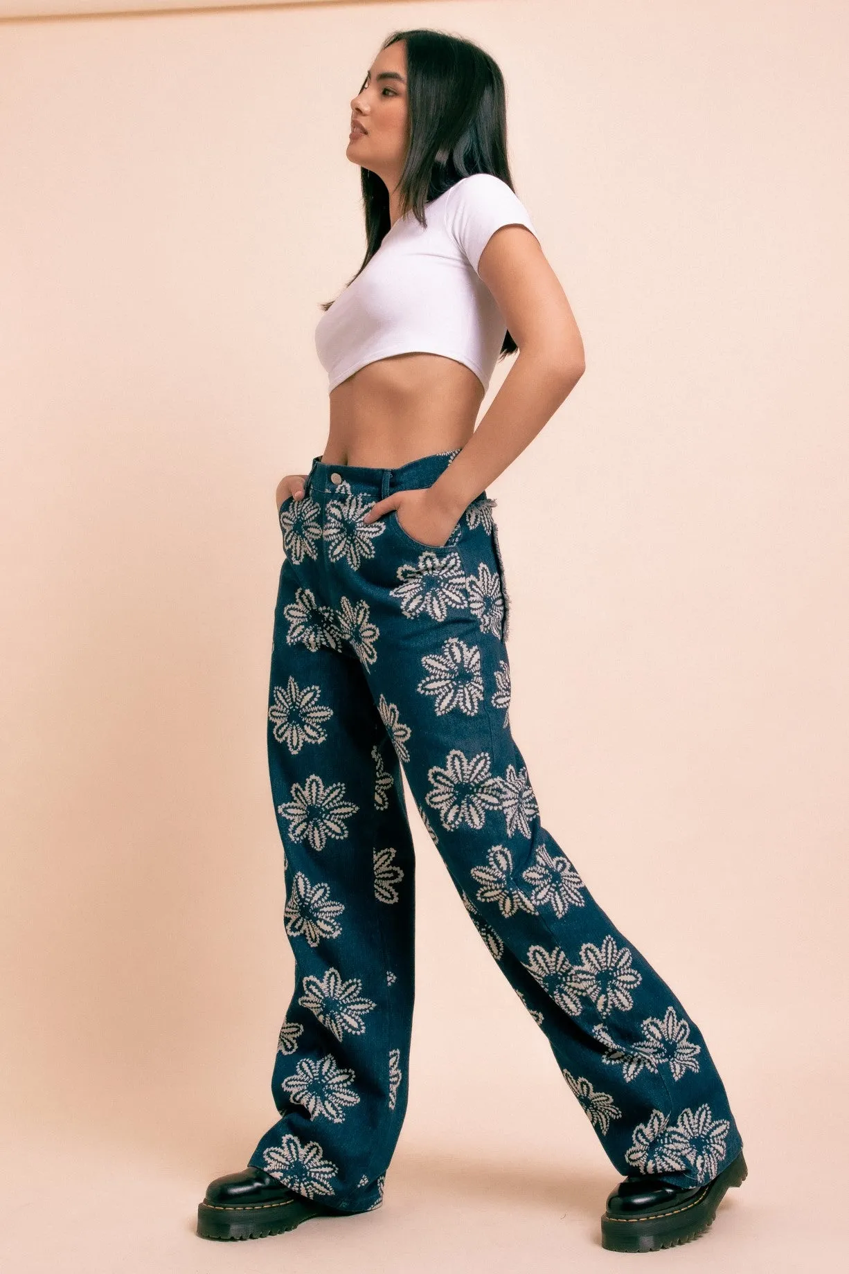 Daisy Street - Wide Leg Batik Flower Jeans