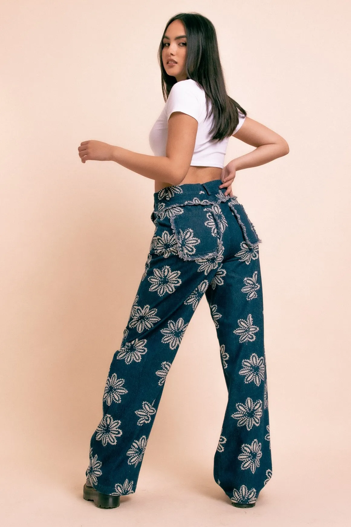 Daisy Street - Wide Leg Batik Flower Jeans