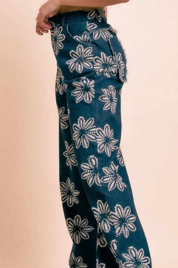 Daisy Street - Wide Leg Batik Flower Jeans