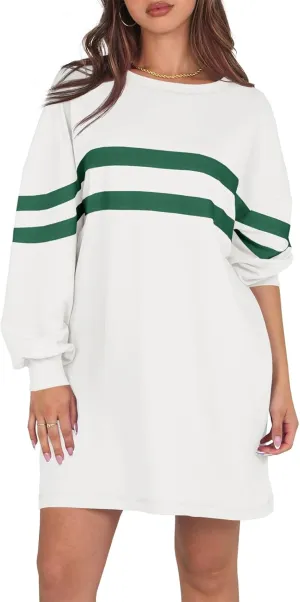 Fisoew Womens Oversized Sweatshirt Long Sleeve Crew Neck Casual Striped Pullover Sweatshirt Dress