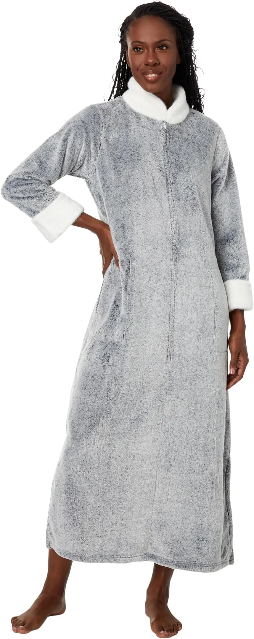 Frosted Cashmere Fleece Zip Robe N by Natori, black