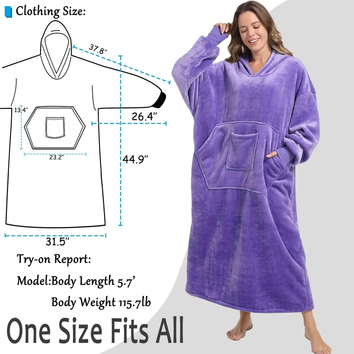 FUSSEDA Oversized Wearable Blanket Sweatshirt, Thick Warm Fleece Cozy Sherpa Hooded with Pockets and Sleeves Gift for Adult