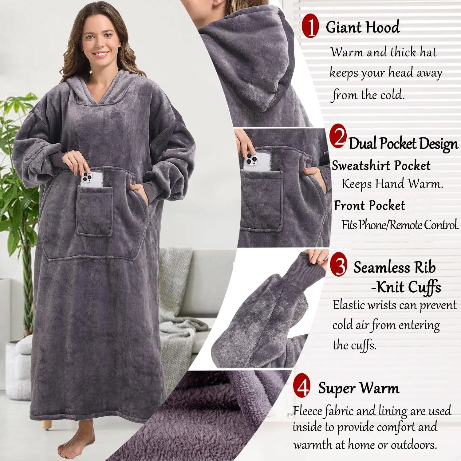 FUSSEDA Oversized Wearable Blanket Sweatshirt, Thick Warm Fleece Cozy Sherpa Hooded with Pockets and Sleeves Gift for Adult