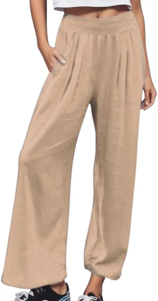 GIERIDUC Women Linen Pants 2025 Summer Casual Loose Wide Leg Palazzo Pant Smocked High Waist Flowy Beach Trousers Resort Wear