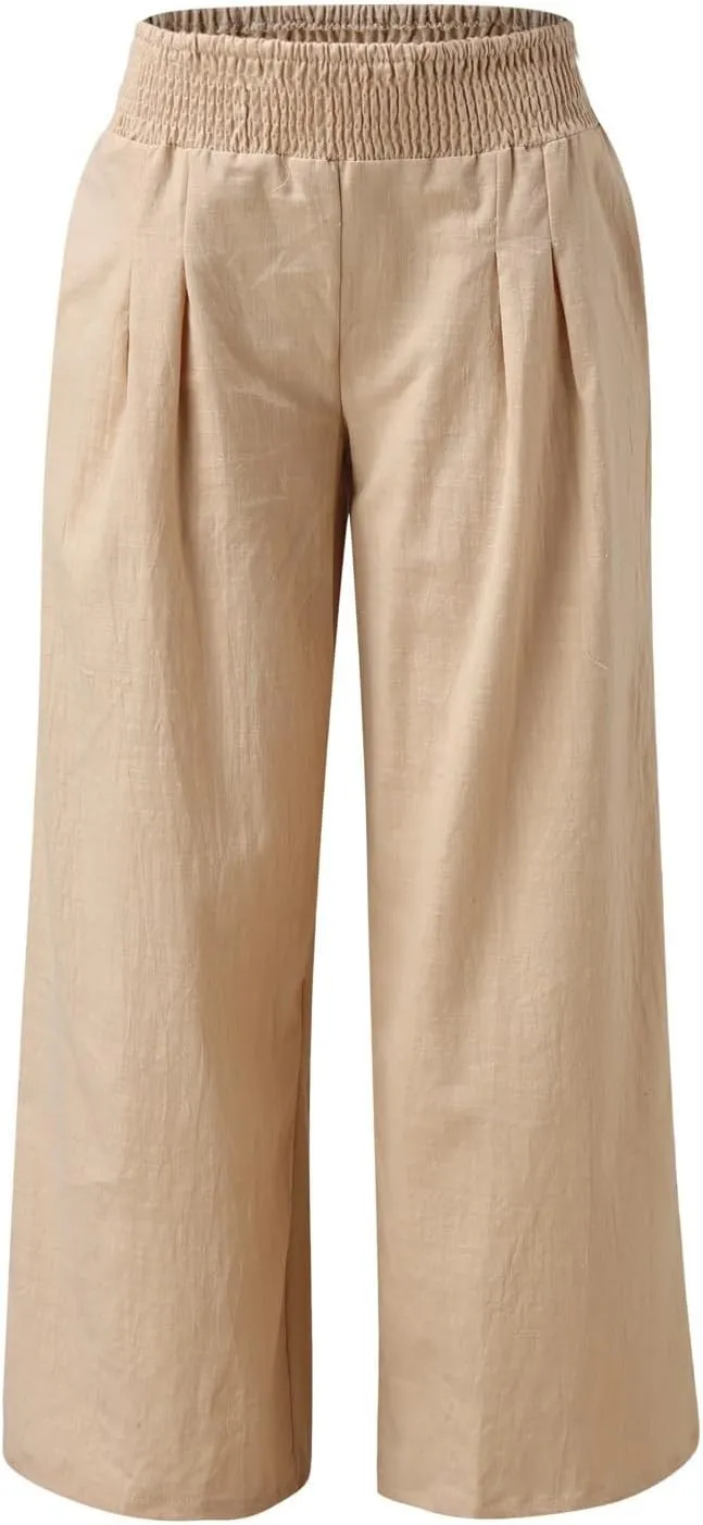 GIERIDUC Women Linen Pants 2025 Summer Casual Loose Wide Leg Palazzo Pant Smocked High Waist Flowy Beach Trousers Resort Wear