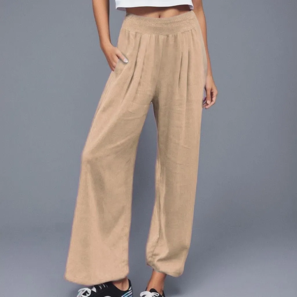 GIERIDUC Women Linen Pants 2025 Summer Casual Loose Wide Leg Palazzo Pant Smocked High Waist Flowy Beach Trousers Resort Wear